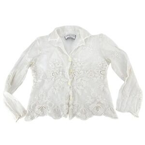 LORENA CONTI Womens Floral white mesh lace Blouse Top sheer Size small